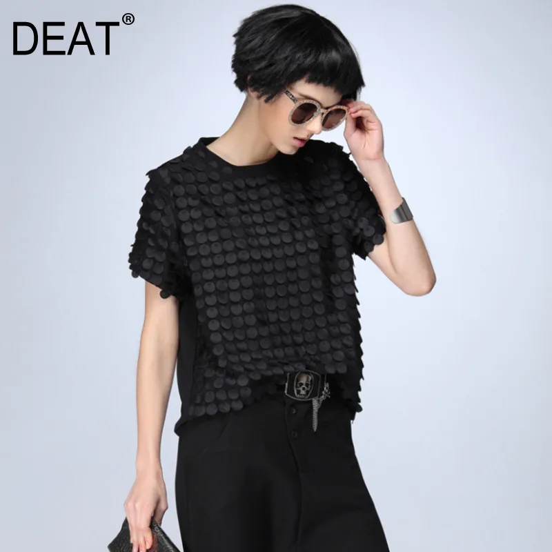 Kaufen DEAT 2019 neue frühjahr und sommer mode frauen schwarz T shirt rundhals kurzen ärmeln quasten kurze top weibliche WE36301XXL