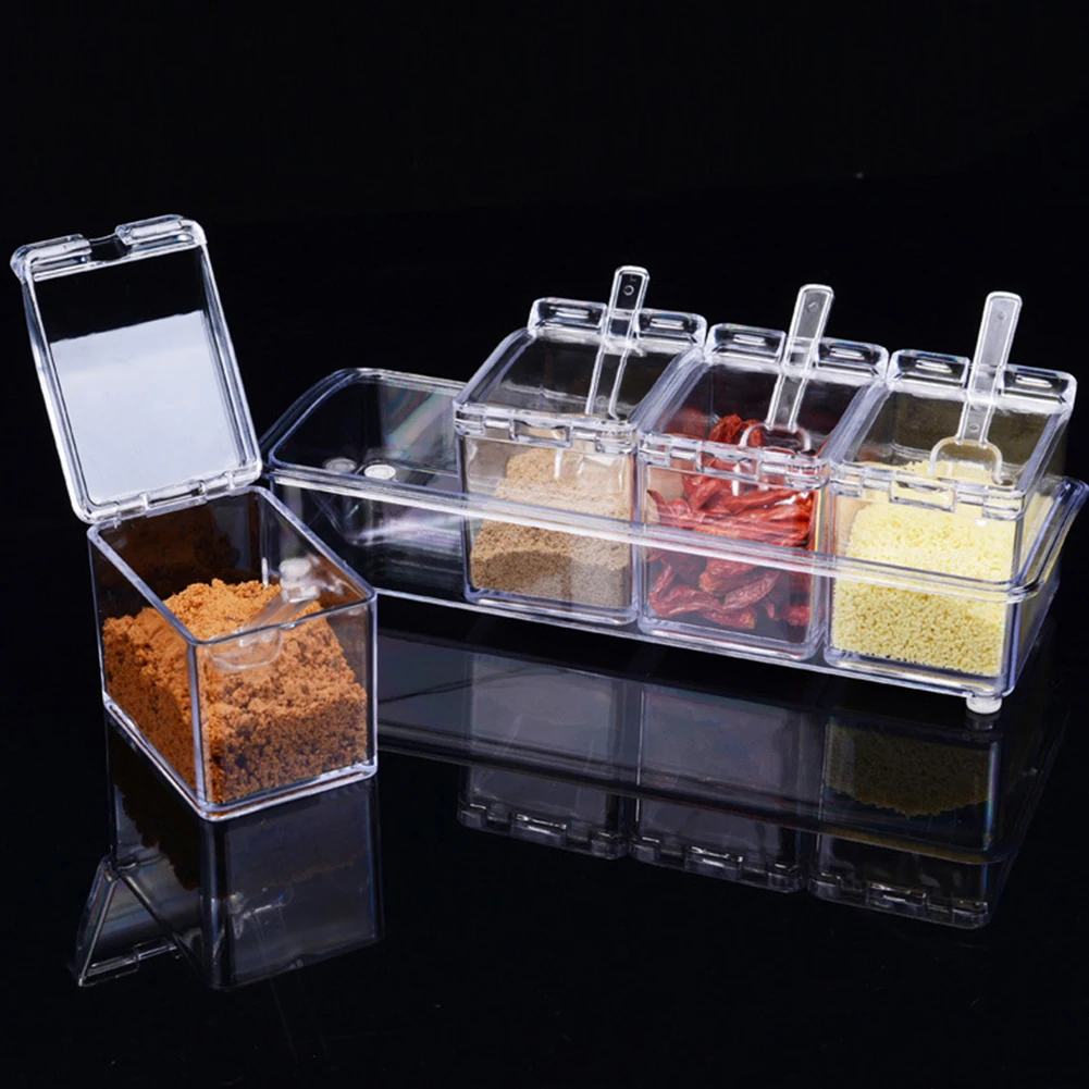 

4pcs Clear Seasoning Rack Spice Pots Set Kitchen Storage Container Condiment Jars Cruet with Cover Spoon Storage Container