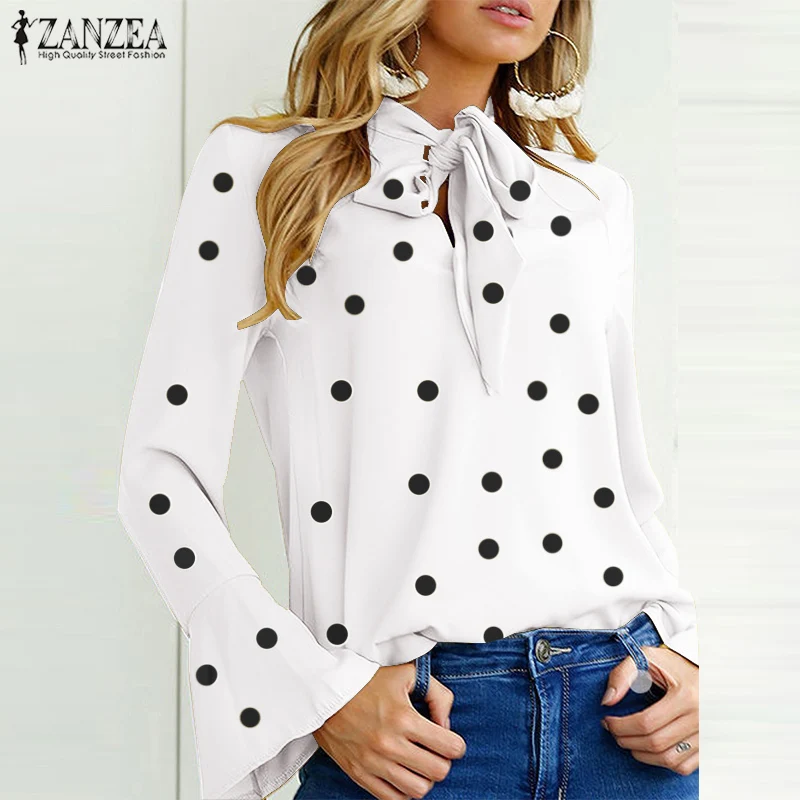 

Women Tops Blouse 2019 ZANZEA Ladies Polka Dot Bow Belt Neck Tops Vintage Blusas Casual Loose Flare Sleeve Blusa Feminina