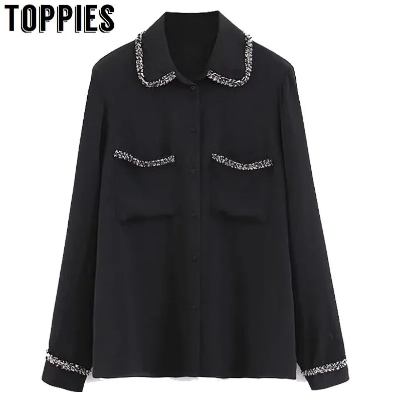 

2019 Spring Summer Twill Tweed Spliced T-Shirt Black Chiffon Tops Office Lady Long Sleeve Shirt blusa