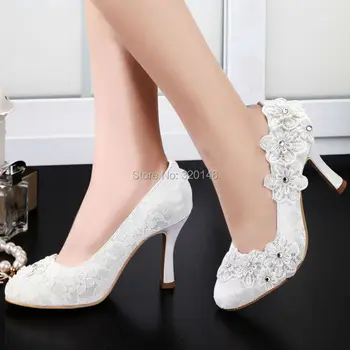 

Ivory Wedding Shoes Women High Heels Pumps Closed Toe Lace Appliques Bride Shoes Ladies Woman EP11099