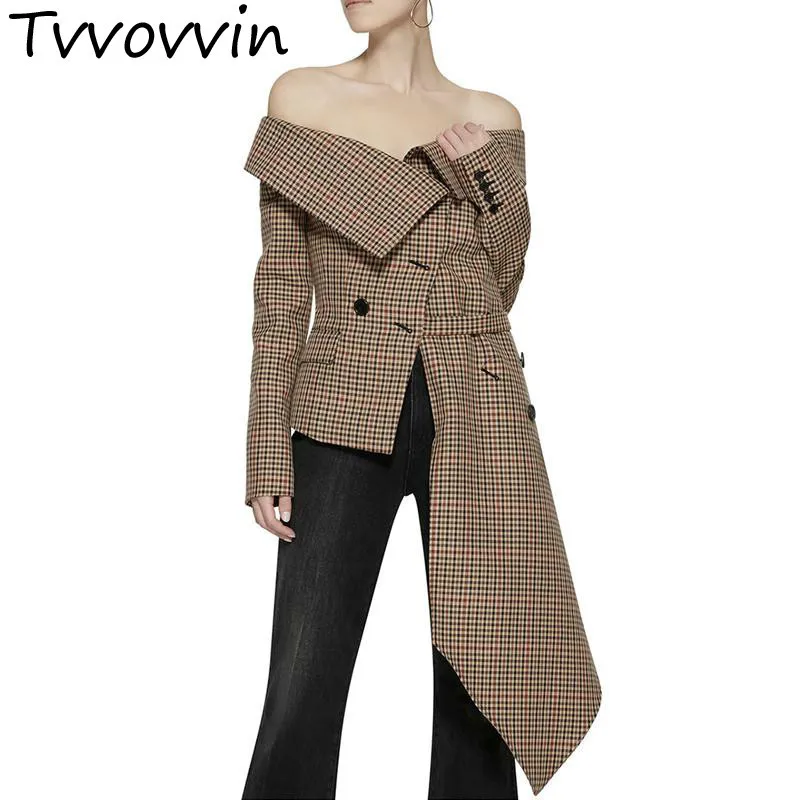 

2019 Ladies Blazers Plaid Off The Shoulder Irregular Suit Coat Long Sleeve Lace Up Slim Woman Tops All Match Blazer Jacket Q554