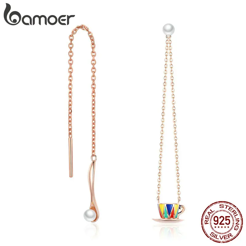 

BAMOER 100% 925 Sterling Silver Colorful High Tea & Tea Spoon Chain Dangle Earrings for Women Sterling Silver Jewelry BSE068