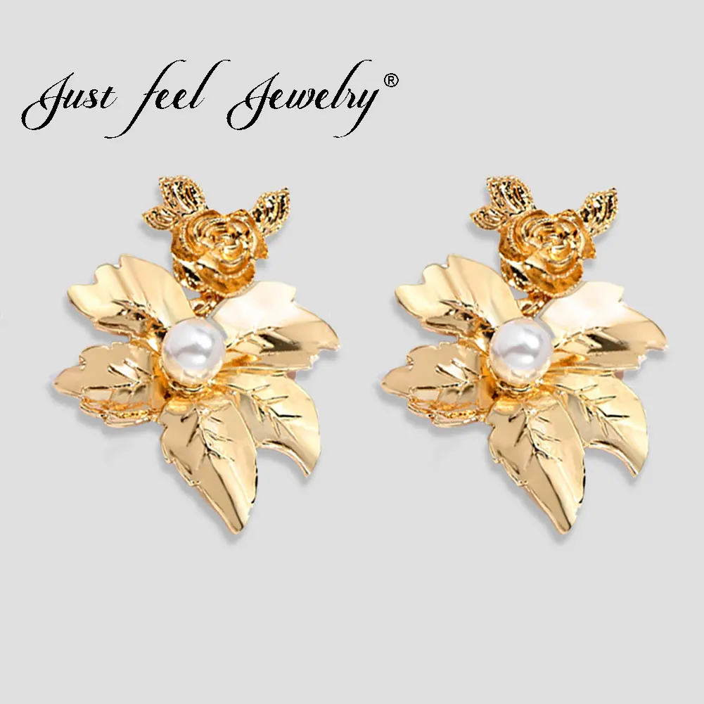 

JUST FEEL Gold Silver Color Leaf Dangle Earrings For Women ZA Boho Flower Simulated Pearl Statement Drop Earring Vintage Jewelry