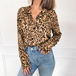 Женская рубашка светло-розовая с длинным рукавом Vneck Leopard Свободные шармы топы Ol женские с отложным воротником простые шикарные