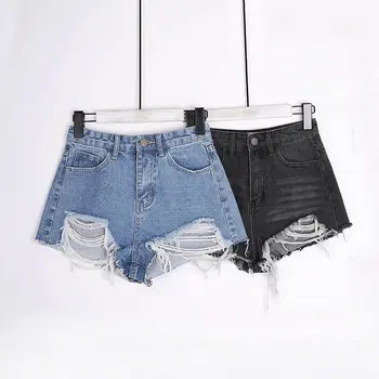 

2019 Summer Women Fashion High Waist Denim Shorts Solid New Casual Hole Tassel Jeans Shorts