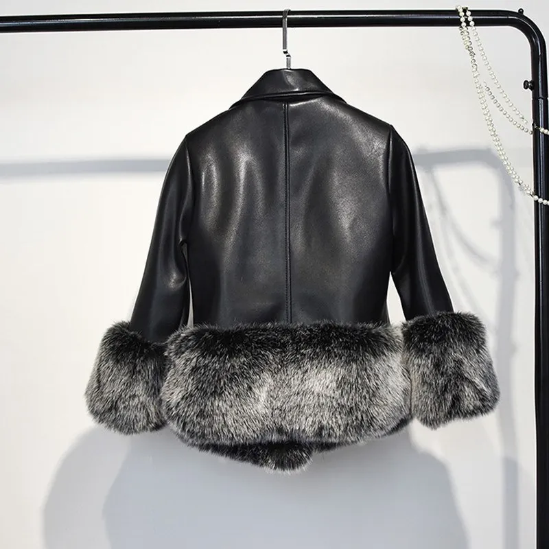 2018 Manteau Patchwork Nouvelle Femelle De Fourrure Pu Veste Courte Noir Longues Cuir Manches En Ardoisé Mode Fausse À FwFXdxqar
