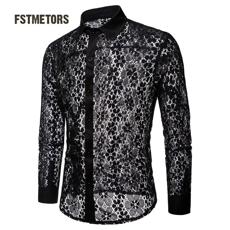 2018 Fstmetors Autumn And Winter Full Lace Pure Color Fashion Design Men's Long Sleeved Lapel Shirt  Men Shirts