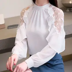 2019 Модные женские шифоновые блузки с открытыми плечами Лоскутные кружевные блузки с оборками с длинным рукавом рубашки с оборками
