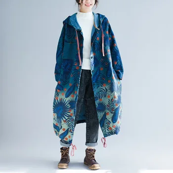 

Women Printed plus size Hooded Trench Oversized Knitted cowboy Coat Long denim Boho Outwear with hood denim Cardigans outerwear