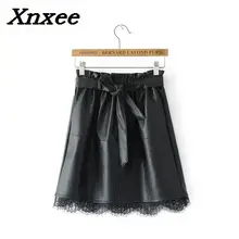 PU leather women mini skirt lace patchwork sashes fashion black skirt Xnxee black fashion sequins embellished mini skirt