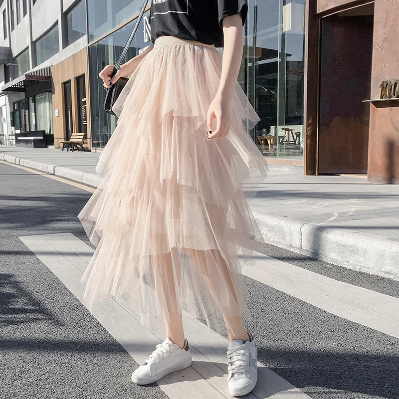 

2019 Spring Women Sreetwear Skirts Elastic High Waist Tulle Mesh Skirt Pleated Long Skirts Midi Skirt Saias Faldas Jupe Femme