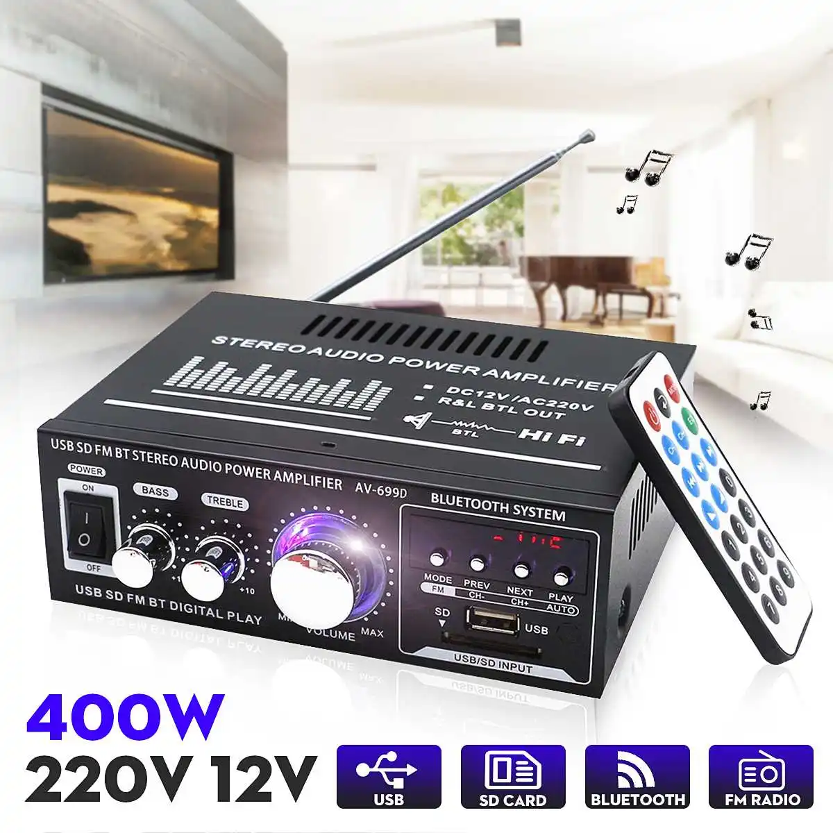 Baratos 12 V 220 V 400W 2 canales bluetooth amplificador estéreo de alta fidelidad USB SD Radio FM POTENCIA ESTÉREO coche amplificador Audio inicio amplificador