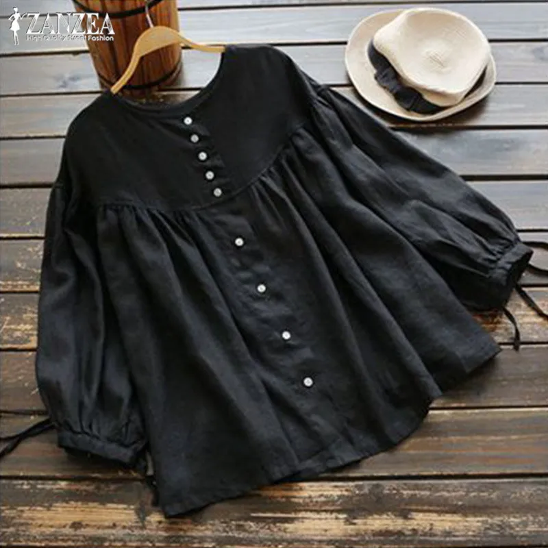

Women's Linen Blouses Kaftan Button Down Shirts 2019 ZANZEA Spring Lantern Sleeve Chemise Female Tunic Top Vintage Ruffle Blusas