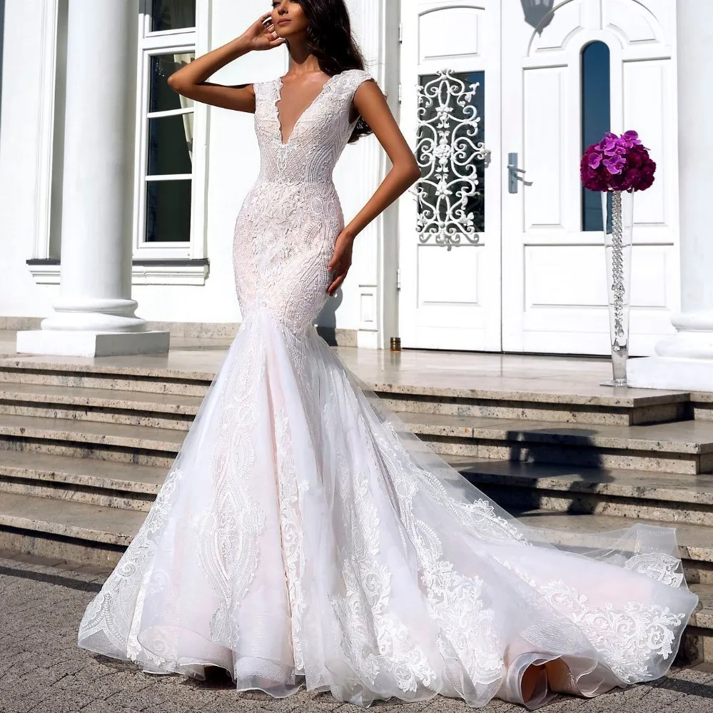 Vivian's Bridal свадебное платье русалки с рукавом-крылышком, сексуальные кружевные аппликации с глубоким v-образным вырезом сзади