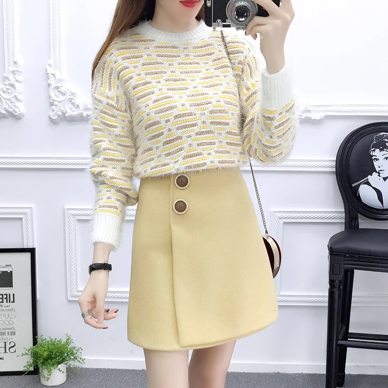 

winter mohair striped sweater & skirt of tall waist cloth a-line skirt women outfit knit top vestido knitwear 2 pcs clothing set