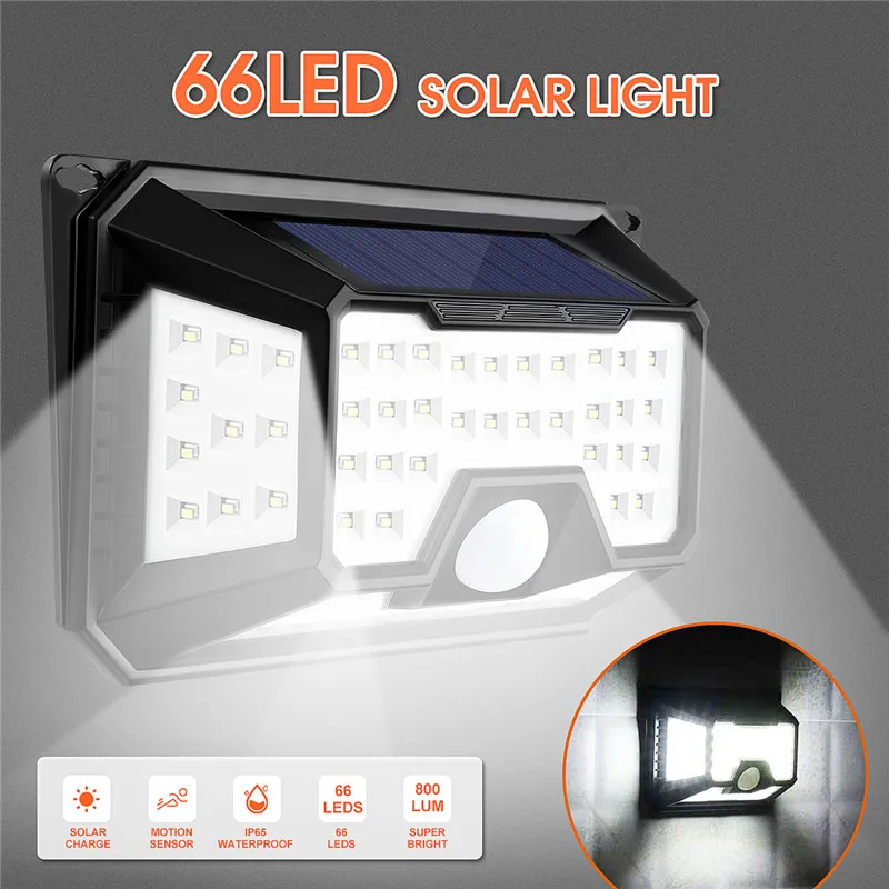 

66/136LED Solar Lights Outdoor 4 Sides Lighting 3 Optional Modes Waterproof Ultra-Bright Wireless Motion Sensor Security Light