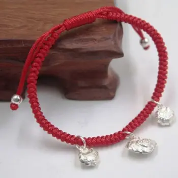 

Pure S925 Sterling Silver 3pcs Lock Bag Bead Red Cord Knitted Chain Bracelet