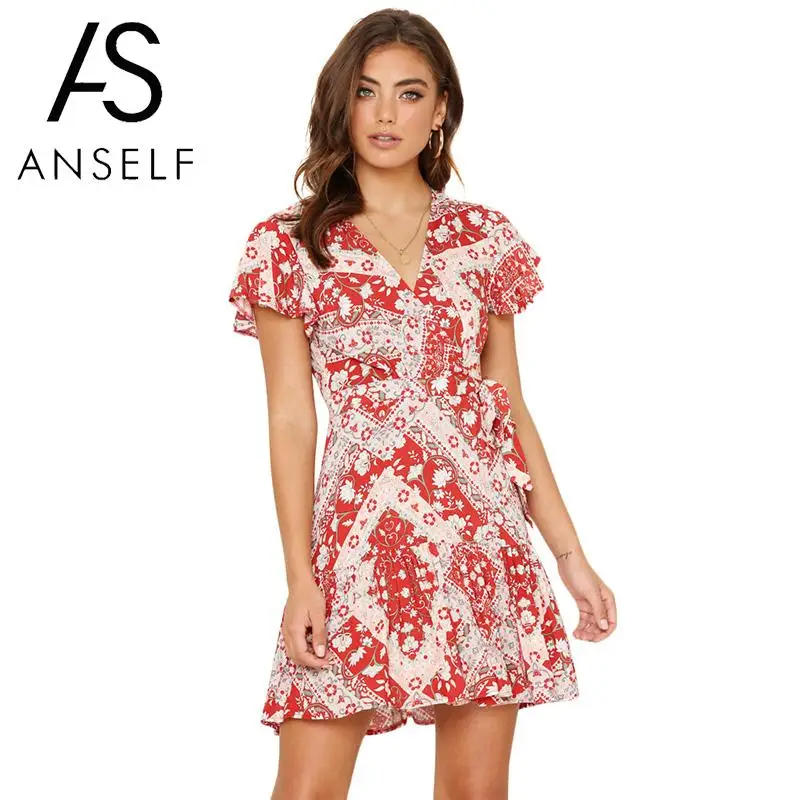 

Anself Women Summer Dress 2019 Vintage Floral Print Crossover V Neck Ruffle Mini Dress Tied Bandage A-Line Casual Holiday Wear