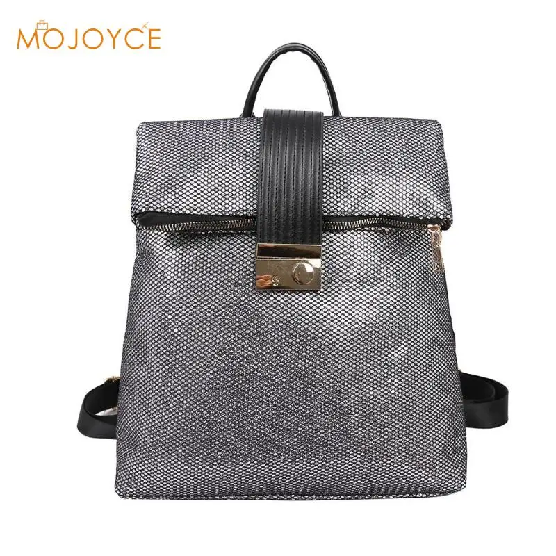 

Sequins Large Capacity Backpack Women Travel Satchel Casual Shiny Shoulder School Bags Sequins Square Pattern Zipper Button PU