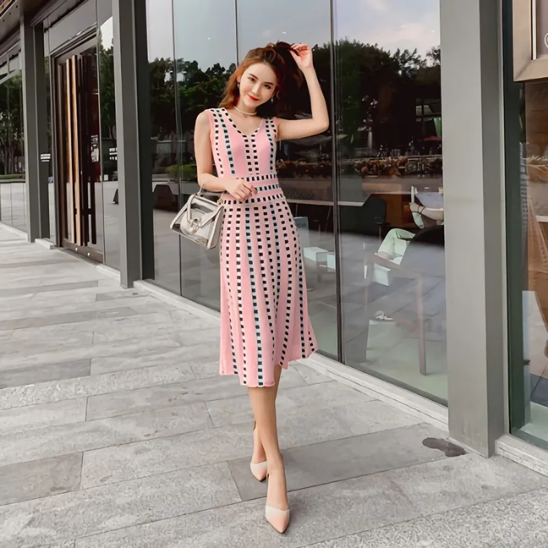 

Women Striped Geometric Plaid A-line Knitted Summer Dress 2019 Fashion High Waist Slim Casual Elegant Dresses Party Vestidos