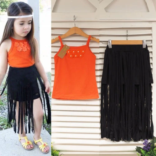 black skirt orange top