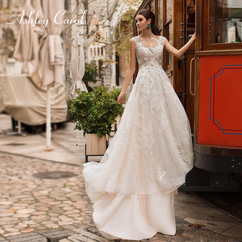 

Ashley Carol Appliques A-Line Wedding Dress 2019 New Glamorous Lace Scoop Sleeveless Vintage Bridal Gown Vestido de Noiva