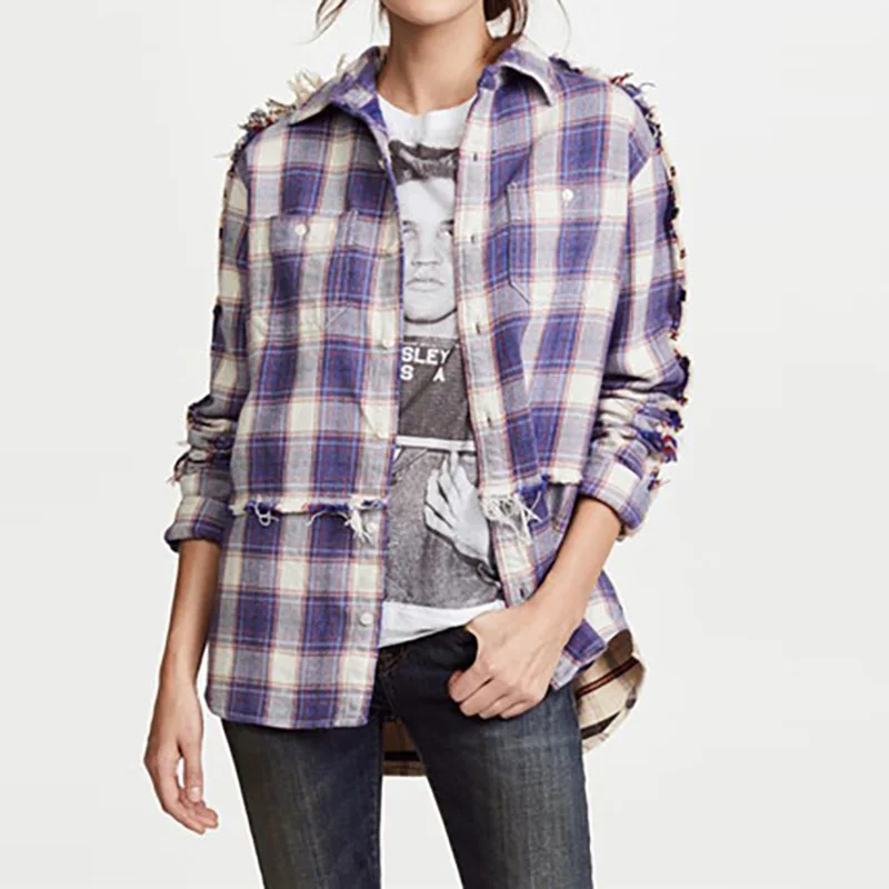 

High-grade Cotton Textile Patchwork Plaid Wool Trimmed Loose Shirt of The Same Style Turn-down Plaid Shirts Women 2019 Blouse
