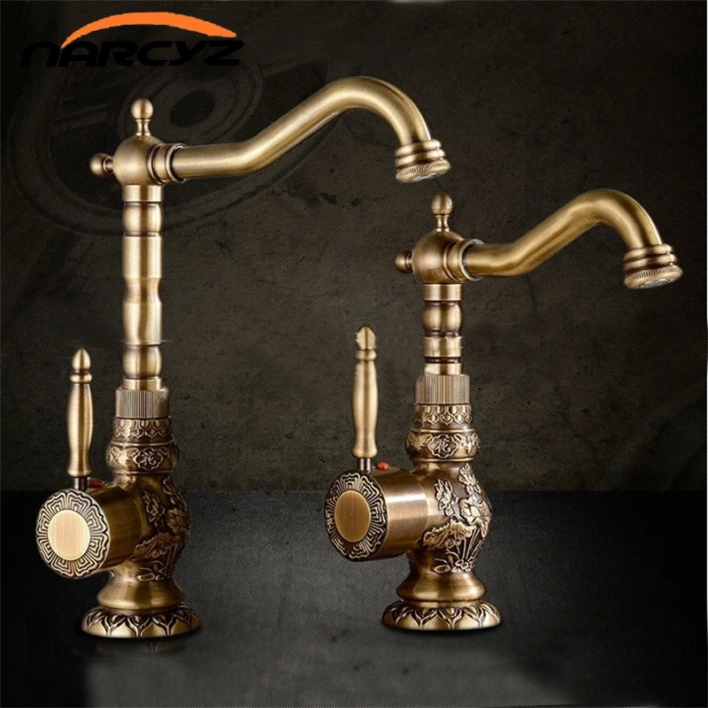 

Basin Faucets Antique Brass Bathroom Faucet Basin Carving Tap Rotate Single Handle Hot and Cold Water Mixer Taps Crane
