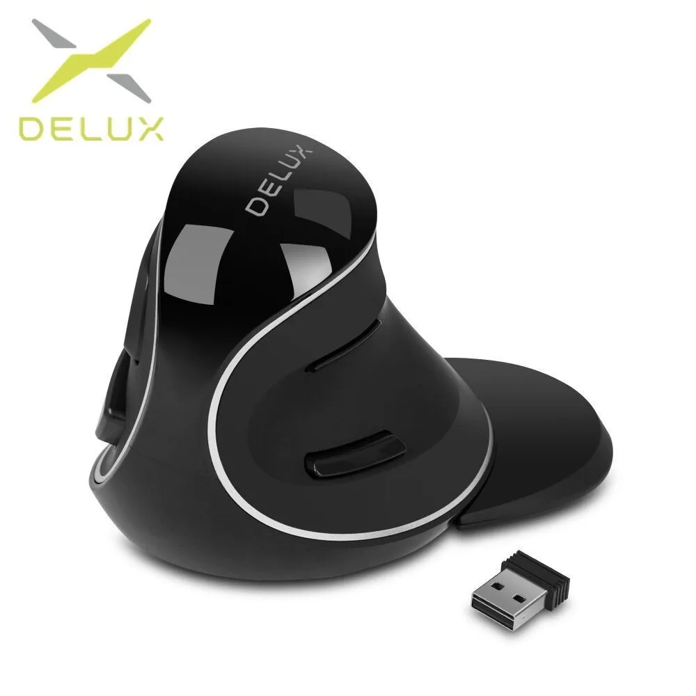 Online Delux M618 Plus Ergonomische Vertikale Drahtlose Maus 800 1200 1600 DPI 6 Funktion Tasten Optische Mäuse mit Abnehmbare palm Rest