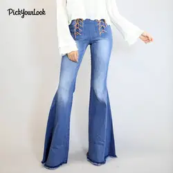 PickyourLook расклешенные женские джинсы джинсовые брюки Винтаж штаны с высокой талией поясом эластичные джинсы на шнуровке украшения джинсы Femme