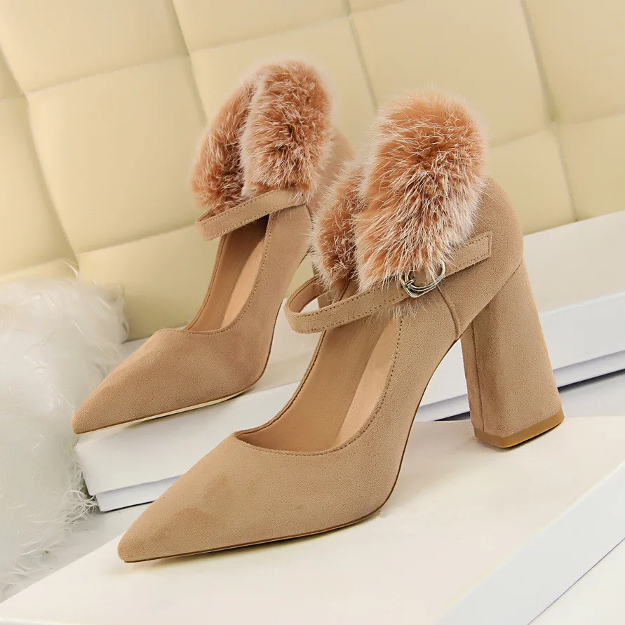 

New Winter Pointed Toe Fashion Style Vintage Retro Style Woman Bow Plush Pumps Lady's Sexy High Heeled Shoes Women DS-A0040