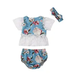 Летний кружевной топ с короткими рукавами и цветочным принтом для маленьких девочек от 0 до 24 месяцев, футболка, шорты, штаны повязка на