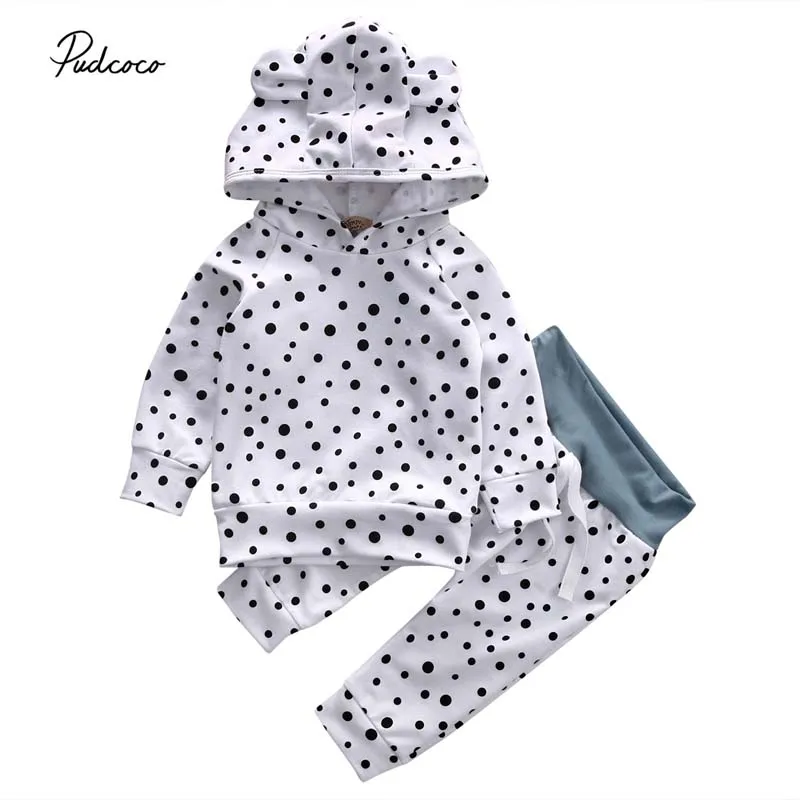 2019 Brand Newborn Baby Boy Girl Clothes Cute 3D Ears Hooded Sweatshirts+Pants Leggings Outfits Polka Dots 2Pcs Spring New Set