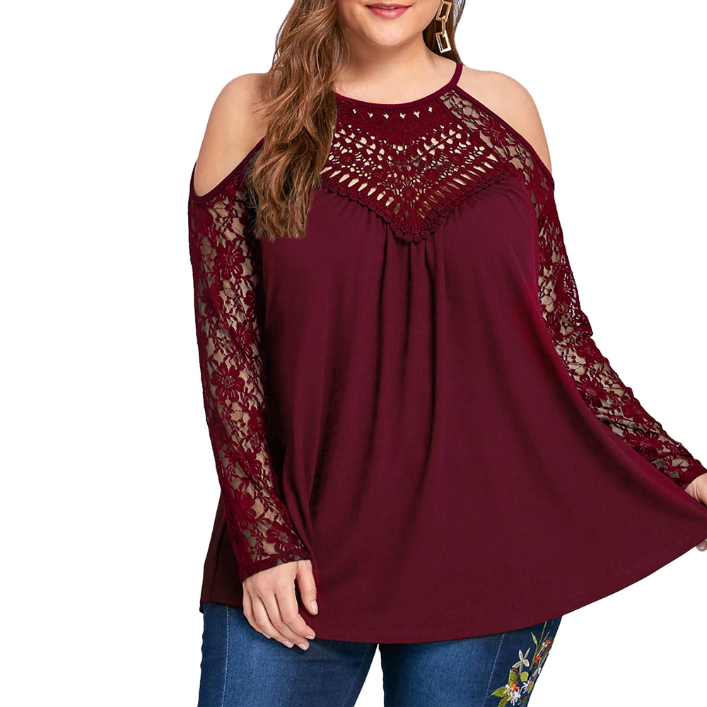 Wipalo Plus Size Women Blouses 5XL Cold Shoulder Lace Up Tops Clothing Sexy Crochet Sheer Mesh Blouse Shirts Big Size|Блузки| |