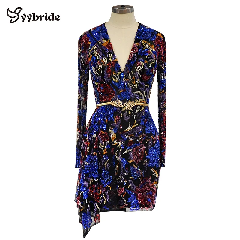 

Surmount Design V-Neck Colorfully Beading Party Dresses Luxury Full Sleeves Sexy Mini Above Knee Candy Color Cocktail Dresses