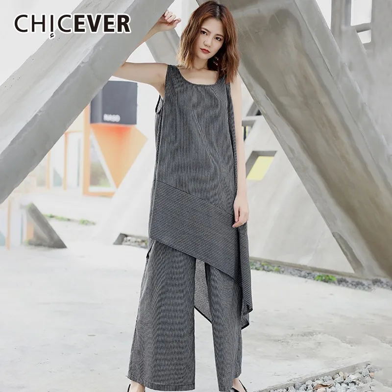 

CHICEVER 2019 Spring Women's Suits Square Collar Sleeveless Asymmetric Hem Tops Female Elastic Waist Trousers Fashion Clothes