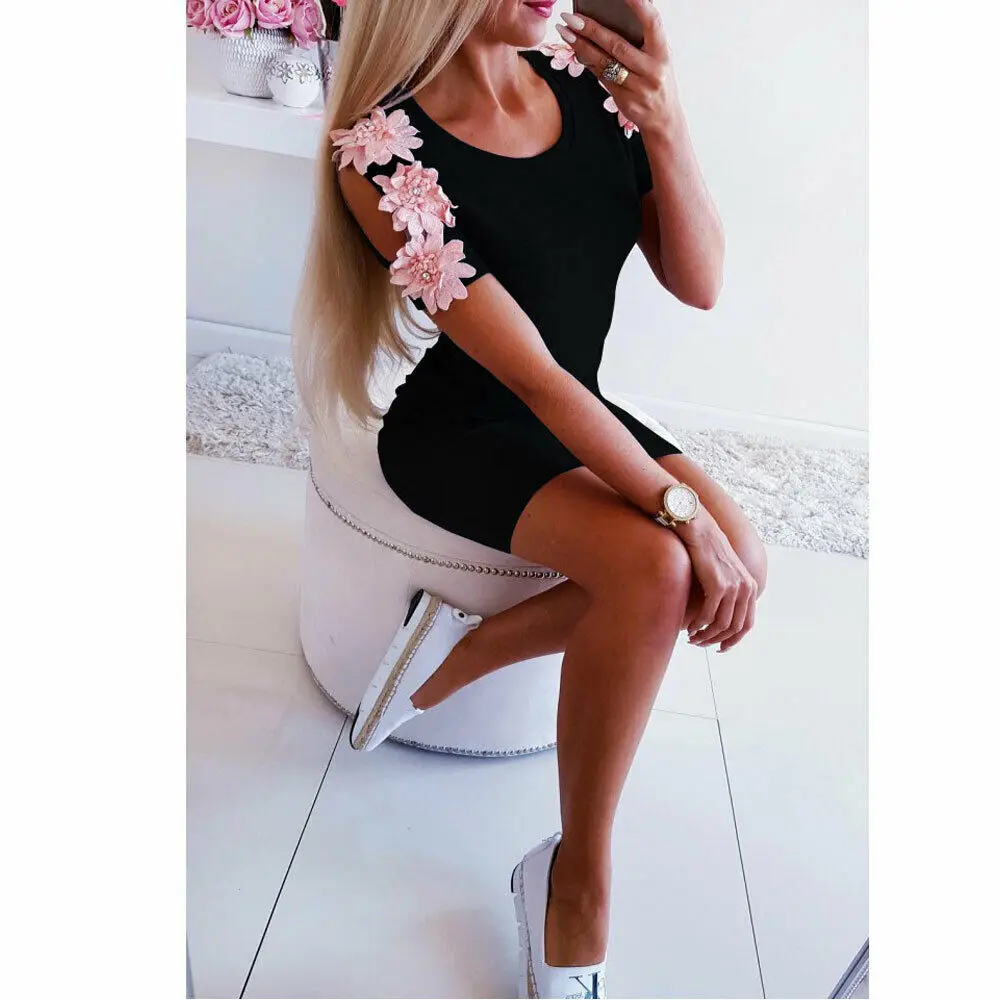

Summer New 2019 Fall Women Sexy Casual Short Flower Sleeve Cold Shoulder Ladies Solid O Neck Chest Bodycon Mini Pencil Dress