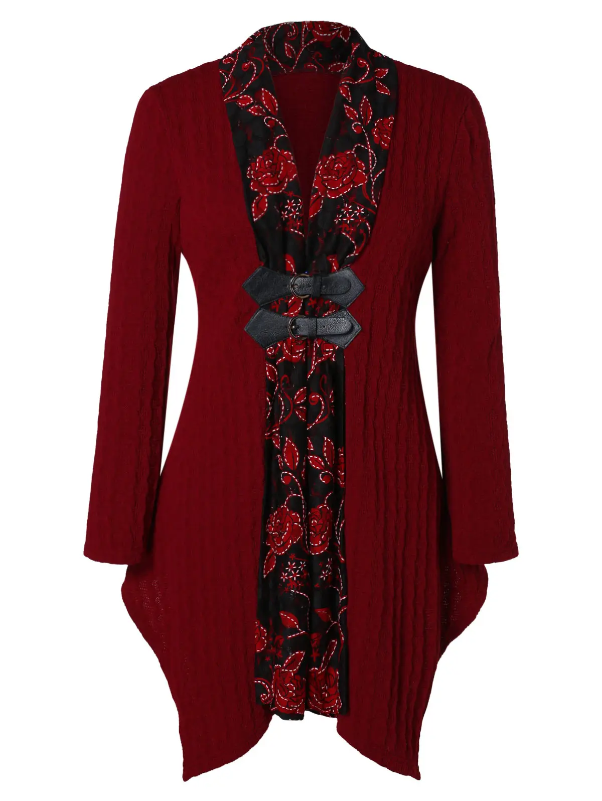 

Wipalo Plus Size Floral Trim Print Asymmetrical Cardigan Women Cable Knit Cardigan Spring Fashion Open Stitch Sweaters Clothing