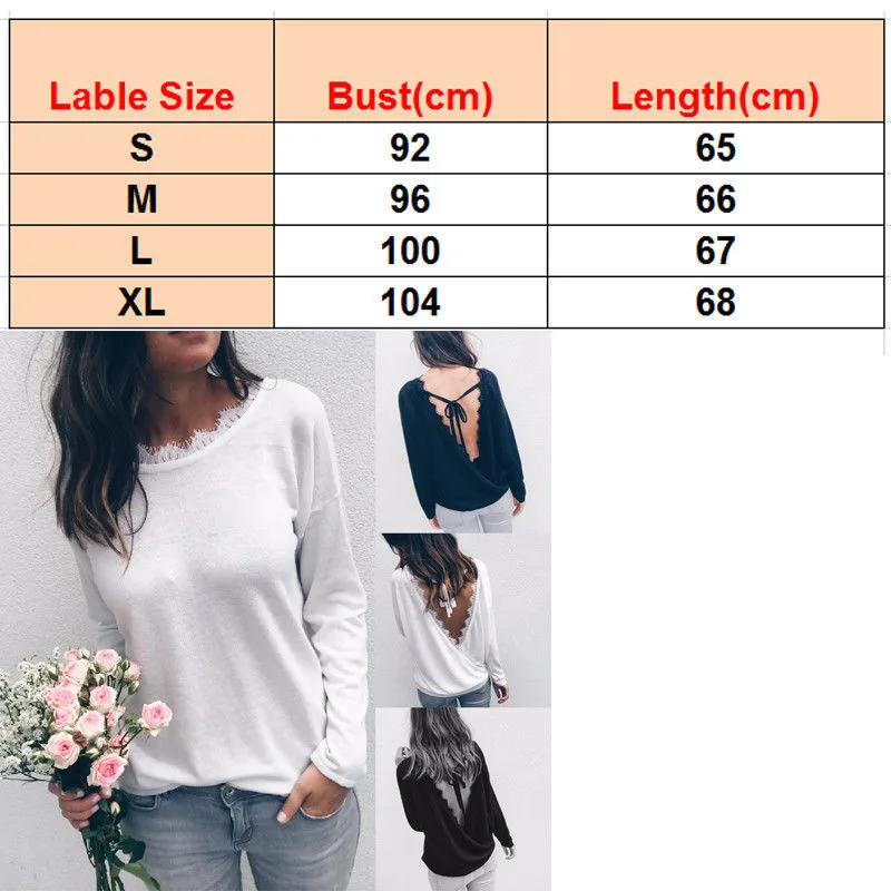 Sexy Women's Casual Backless Tops Blouse Lace Patchwork Long Sleeve Loose Shirt White/Black Ladies Autumn Baggy Blouse Hot Sale