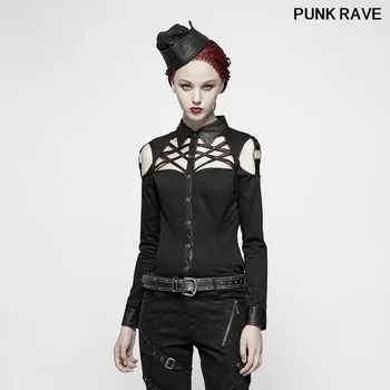 

Punk Cross Design Streetwear Shirt fashion Handsome Military Black Long-sleeved Twill Hollow-out Women blouse PUNK RAVE Y-979