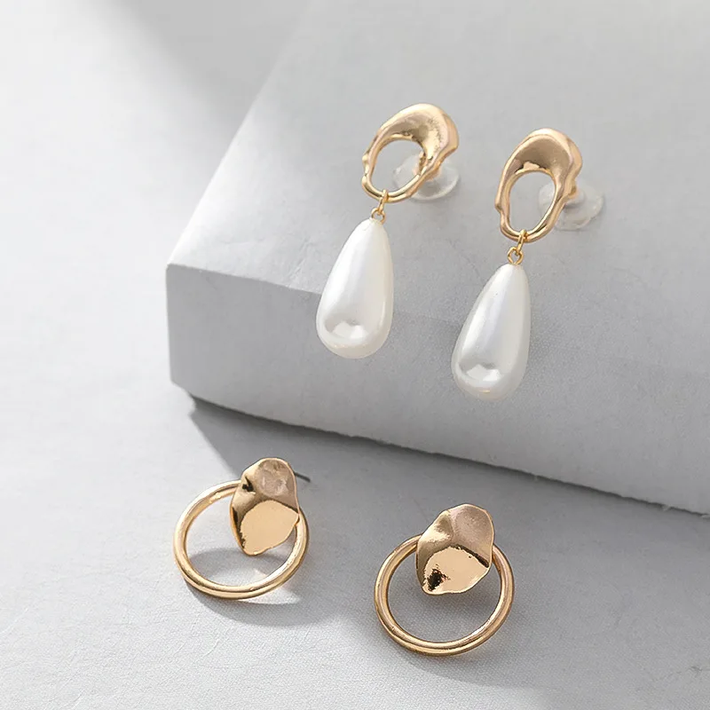 

2pairs/set Minimalist Gold Color Irregular Geometric Small Loop Waterdrop Pearl Earrings for Women Korean Fashion Jewelry Gift