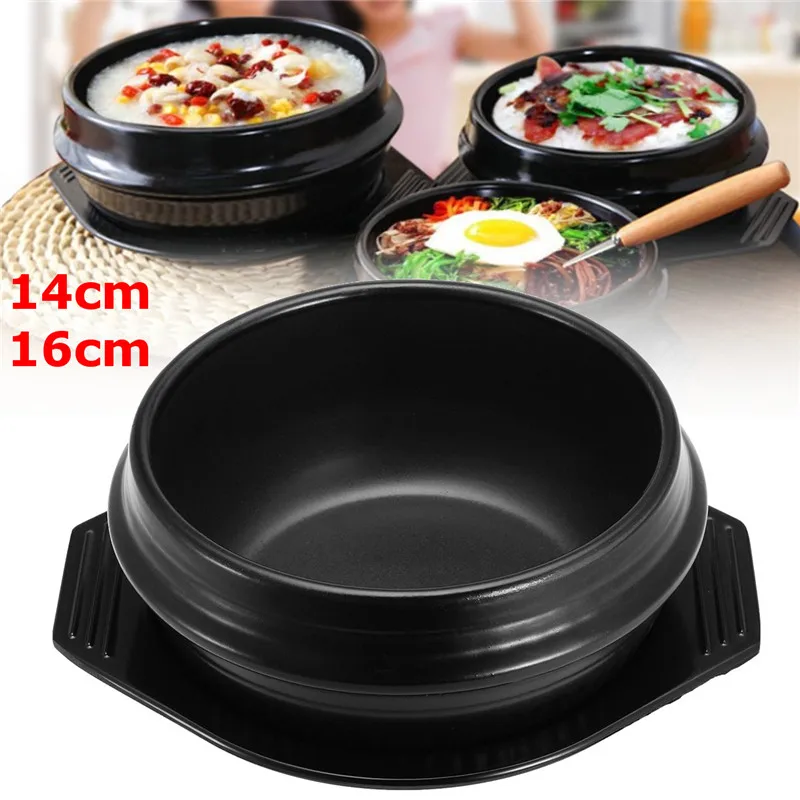 

14cm/16cm Black Heat Resisting Korean Ceramic Stone Pot Bibimbap Stews Soup Bowl With Tray Home Kitchen Cookware Casserole Bowl