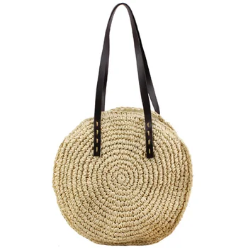 

Handmade Round Shoulder Bag For Women Female Handbag Summer Bohemian Beach Bags Hand-Woven Circular Travel Tote