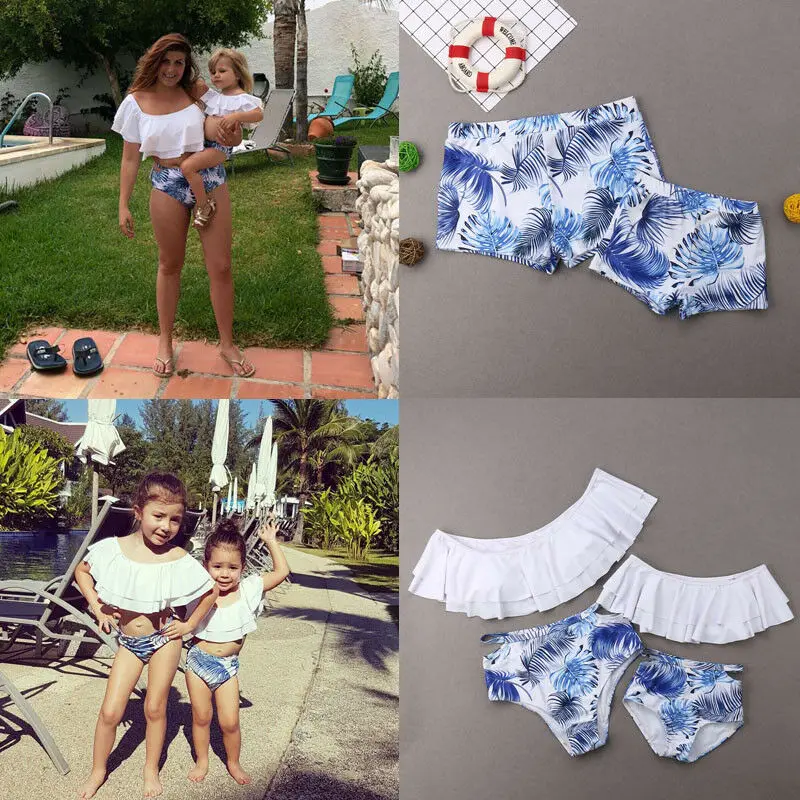 

New Fashion Family Matching Swimsuit Mom Girl Ruffle Print Bikini Sets Dad Boy Swim Trunks Holiday Casual Swimwear Bathing Suit