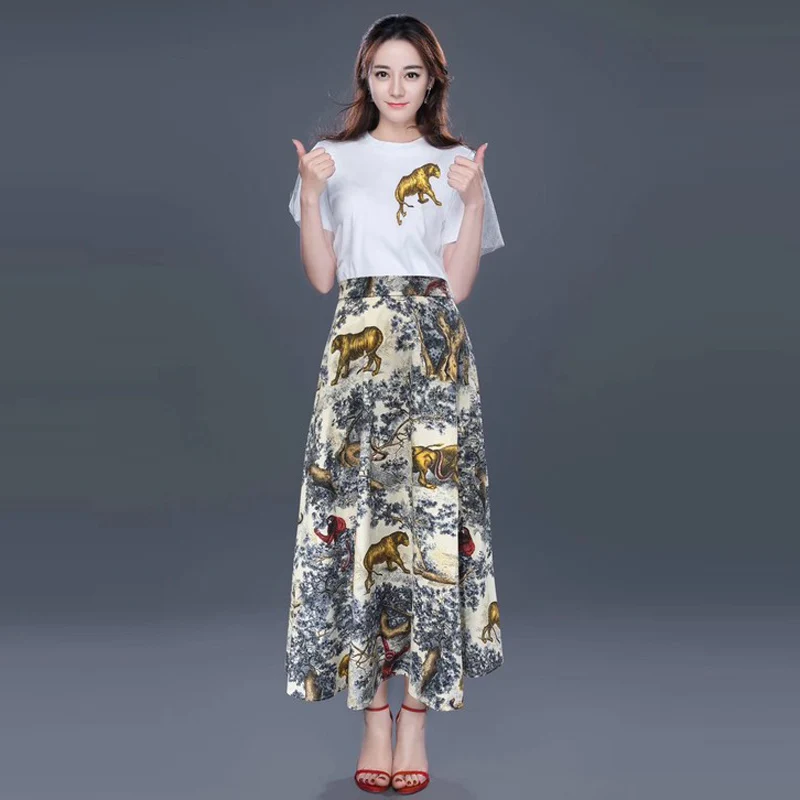 

skirt top set summer 2 piece set round neck mesh overlay animal print white t shirt + skirts woman fashion 2019 maxi skirt