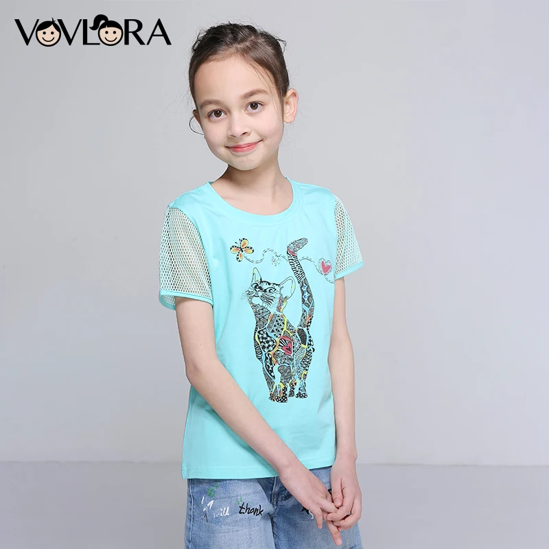 

Kids T Shirts Patchwork Mesh Cotton Print Cat Girls T Shirts Animal Short Sleeve Clothes Summer 2018 Size 7 8 9 10 11 12 Years