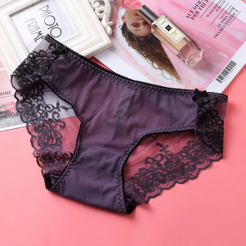 

Women Mesh Sheer Lace Briefs Panties Mid Waist Soft Comfort Lingerie Underwear Underpants Ladies Female Costume Flower New 2019