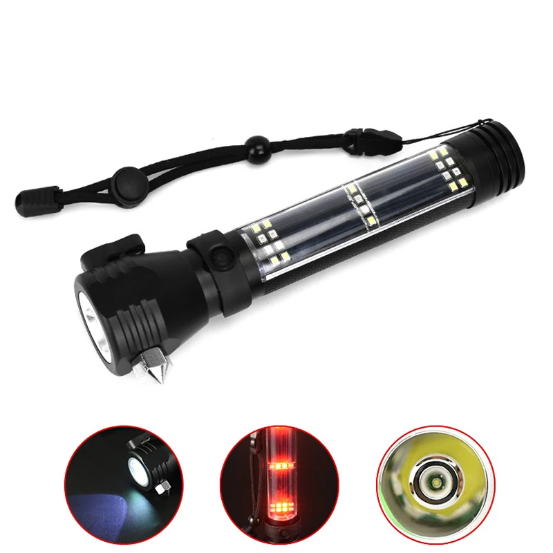 

10 In 1 Solar Power Multi Function Flashlight Defense Glass Breaker Camping Outdoor Emergency Torch Flashlight