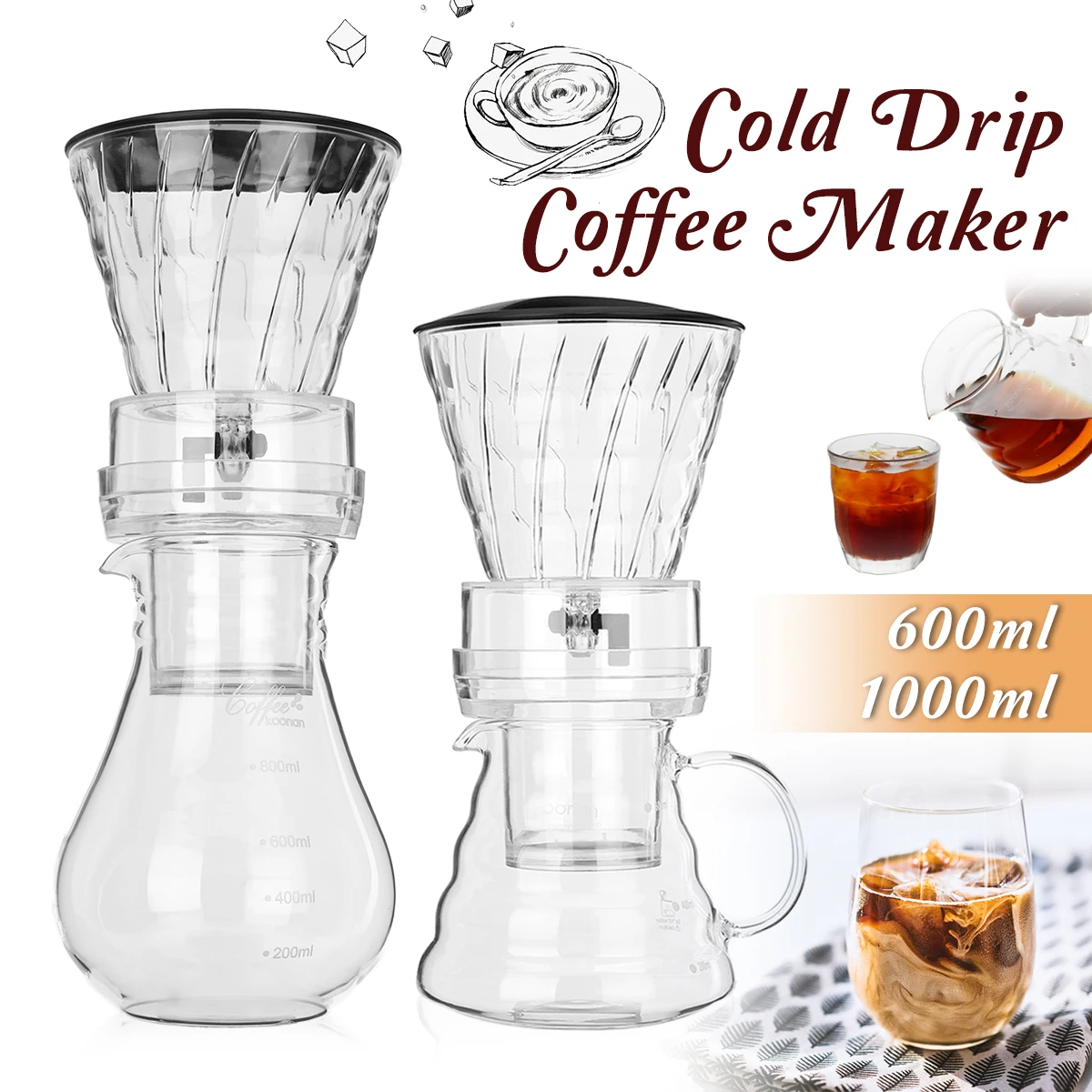 600ml/1000ml Water Drip Coffee Machine Reusable Filter Tools Glass